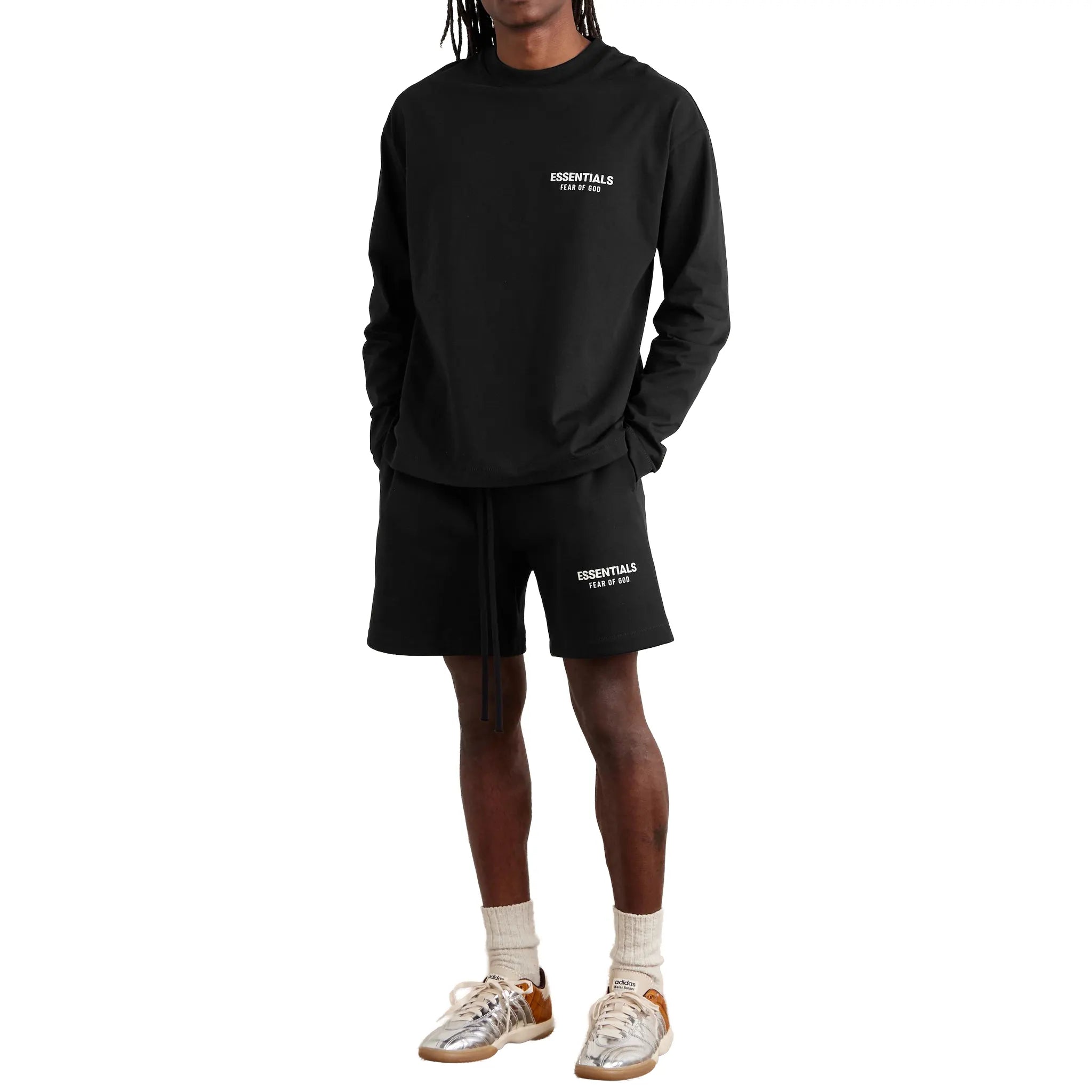 Model Front View of Fear Of God Essentials Classic Jet Black Shorts (SS24) 160as252000f